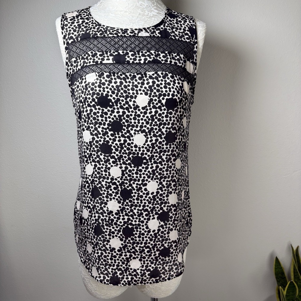 CAbi Women's Small ~ Black Jot Polka Dot Lace Stripe Tank Top Blouse  #3079